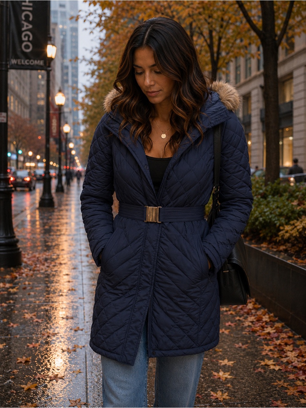 Down filled, Navy Quilted Puffer Coat